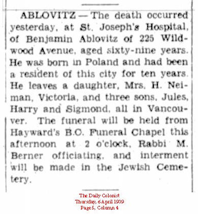 death notice for Benjamin Ablowitz