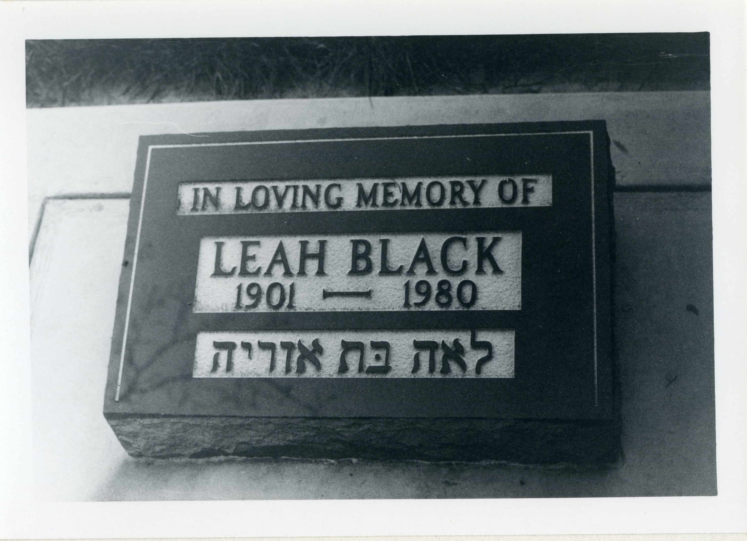 black & white photo of grave marker Leah Black