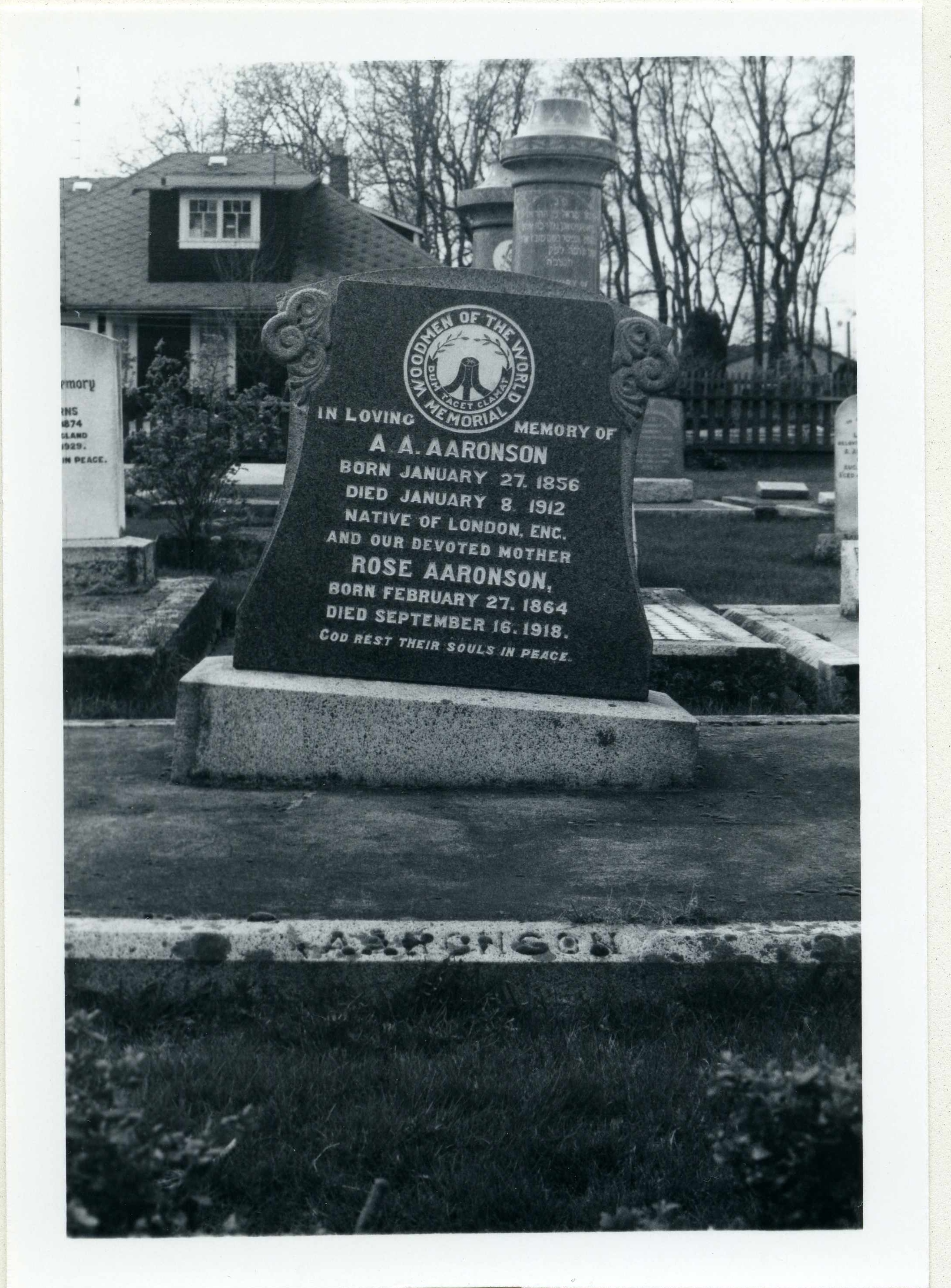 black & white photo of the Aaronsons' grave marker taken c.1984