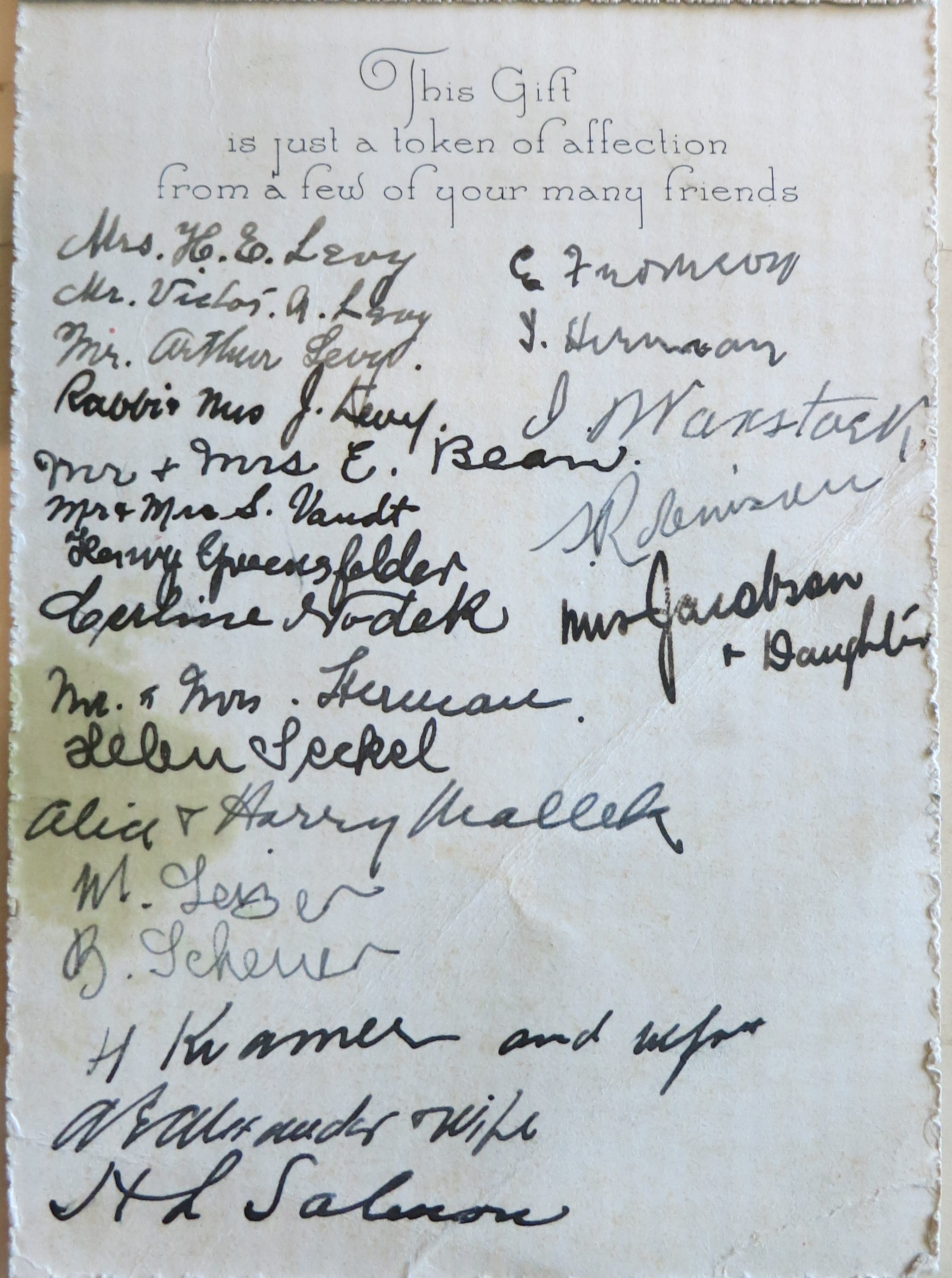 Signatures of Mrs H.E. Levy, Victor Levy, Arthur Levy, A. Bean, H Greensfelder, C. Nodek, Helen Seckel, M. Leiser Eli Fromsom, Isaac Herman, I. Waxstock