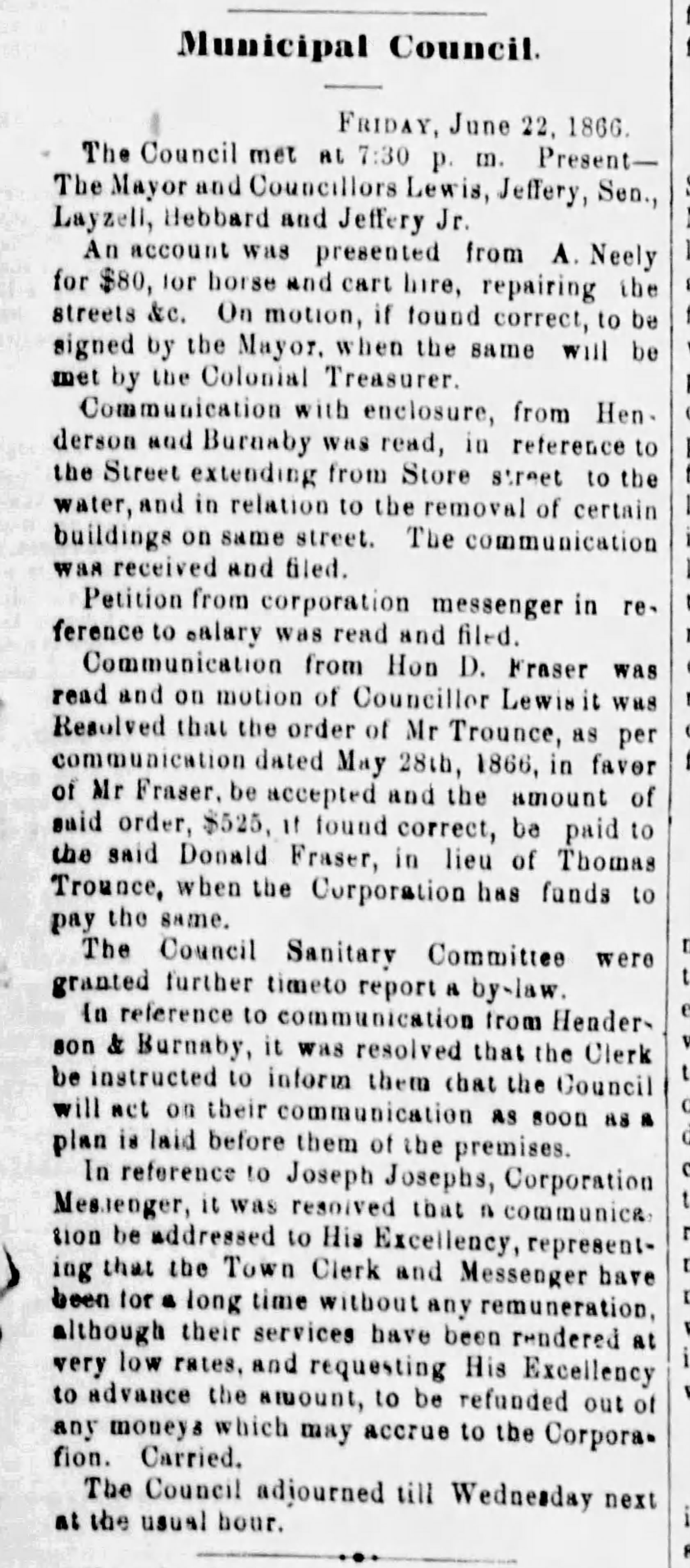Victoria Daily Chronicle June 23, 1866 regarding payment for Joseph Josephs' services