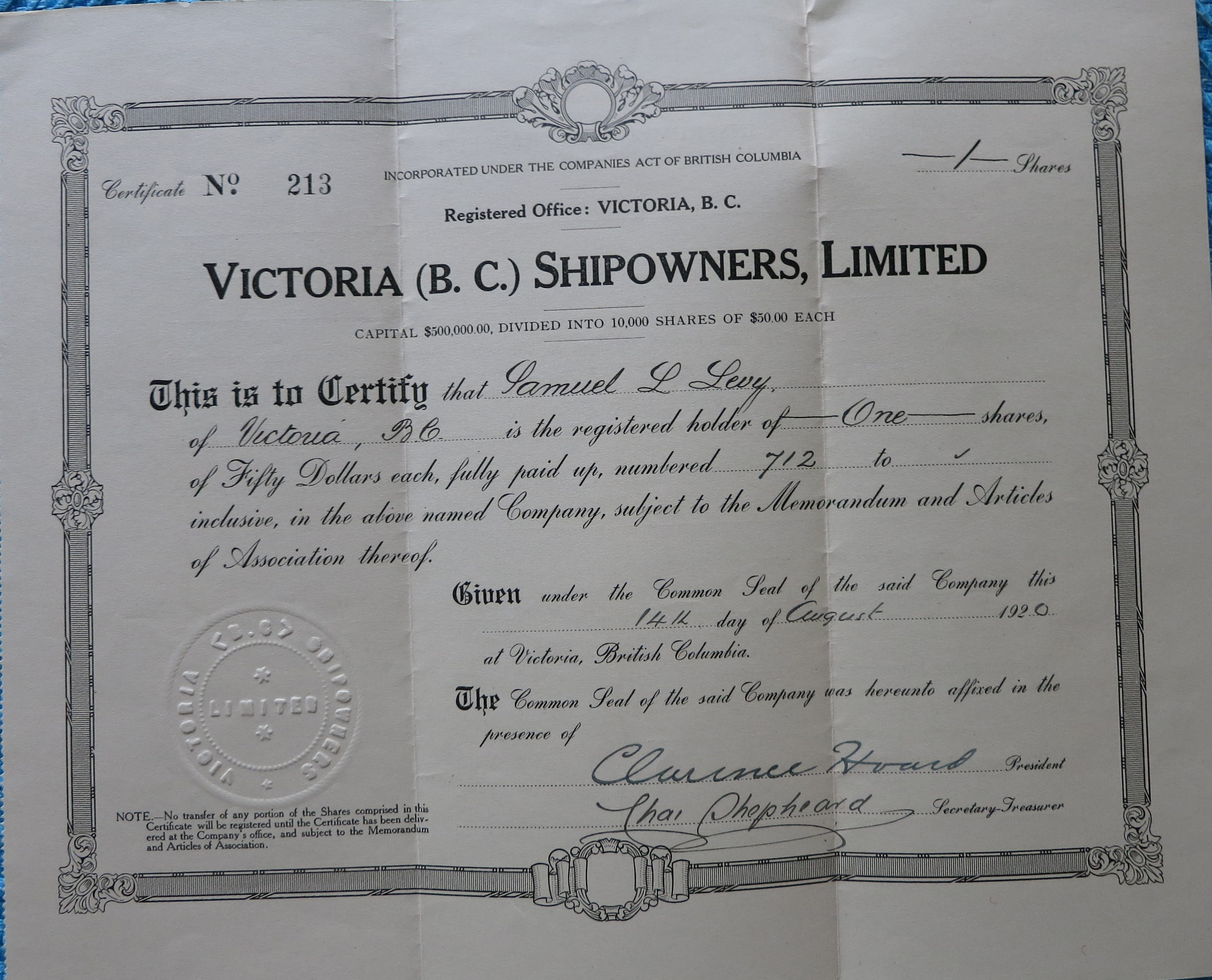 front of stock held by Samuel Levy