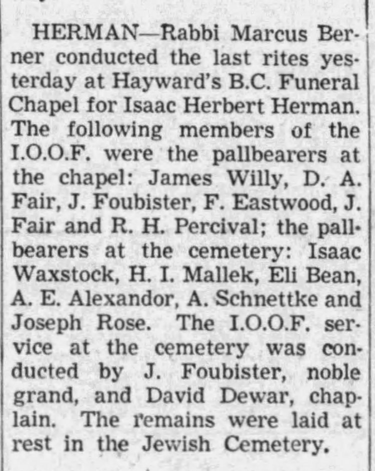 Isaac Herman obit Times Colonist December 3, 1938
